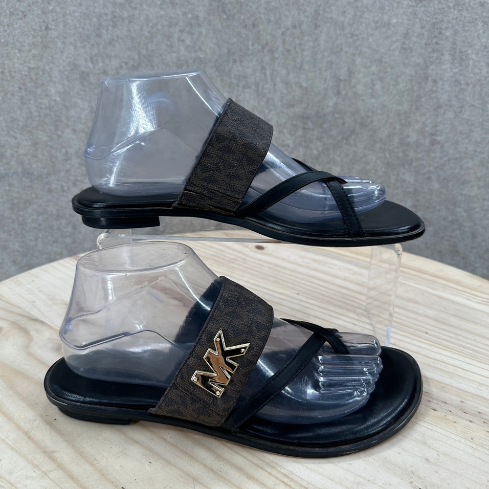 Michael Kors Sidney Flat Sandals Womens 8.5M Brown Black Logo Thong Slide - Picture 2 of 10